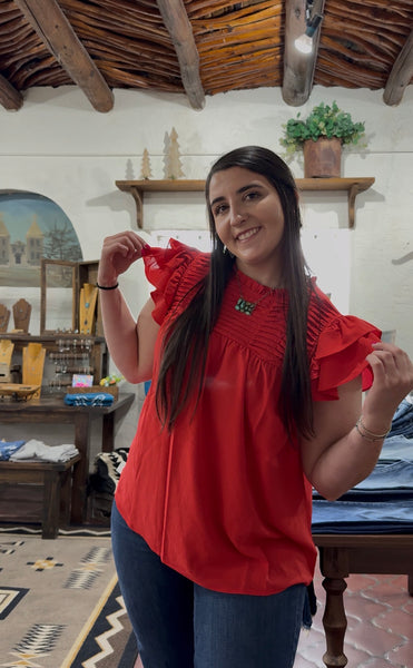 Red Ruffled Sleeve Top