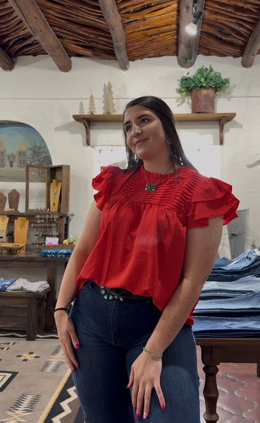 Red Ruffled Sleeve Top