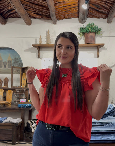 Red Ruffled Sleeve Top