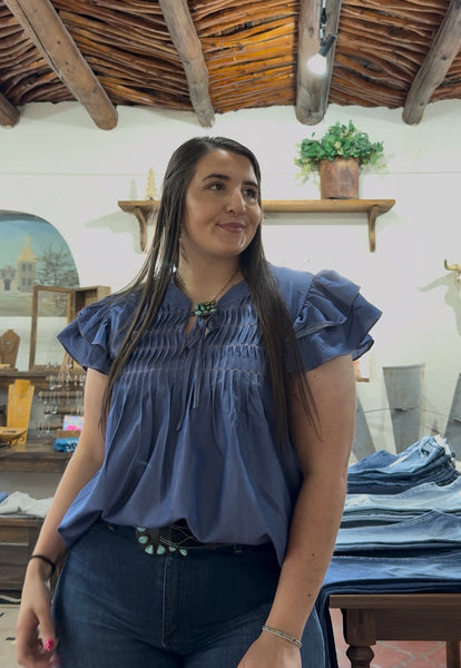 Denim Blue Ruffle Sleeve Top