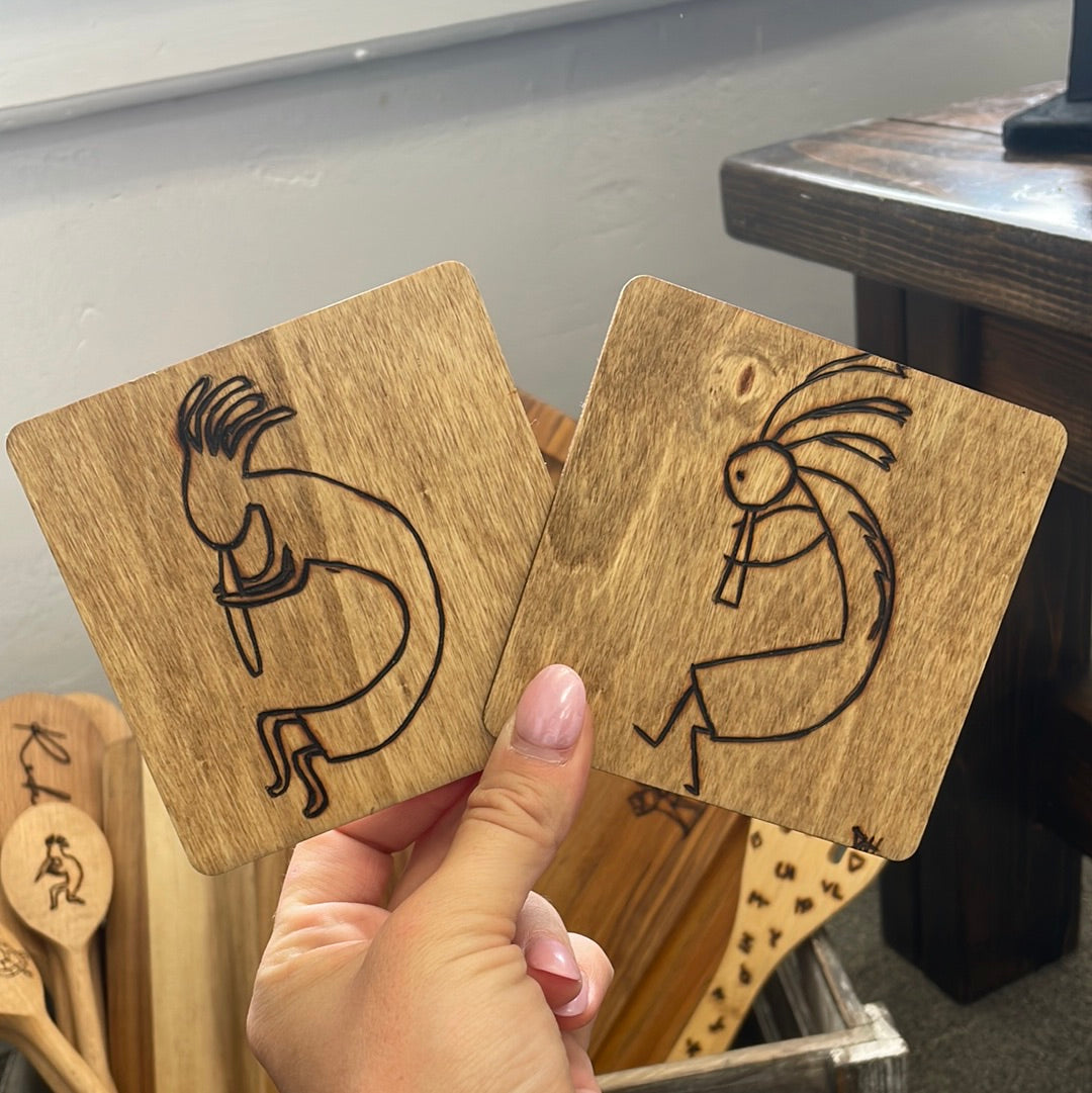 Kokopelli Hand Burned Coaster Set of 2